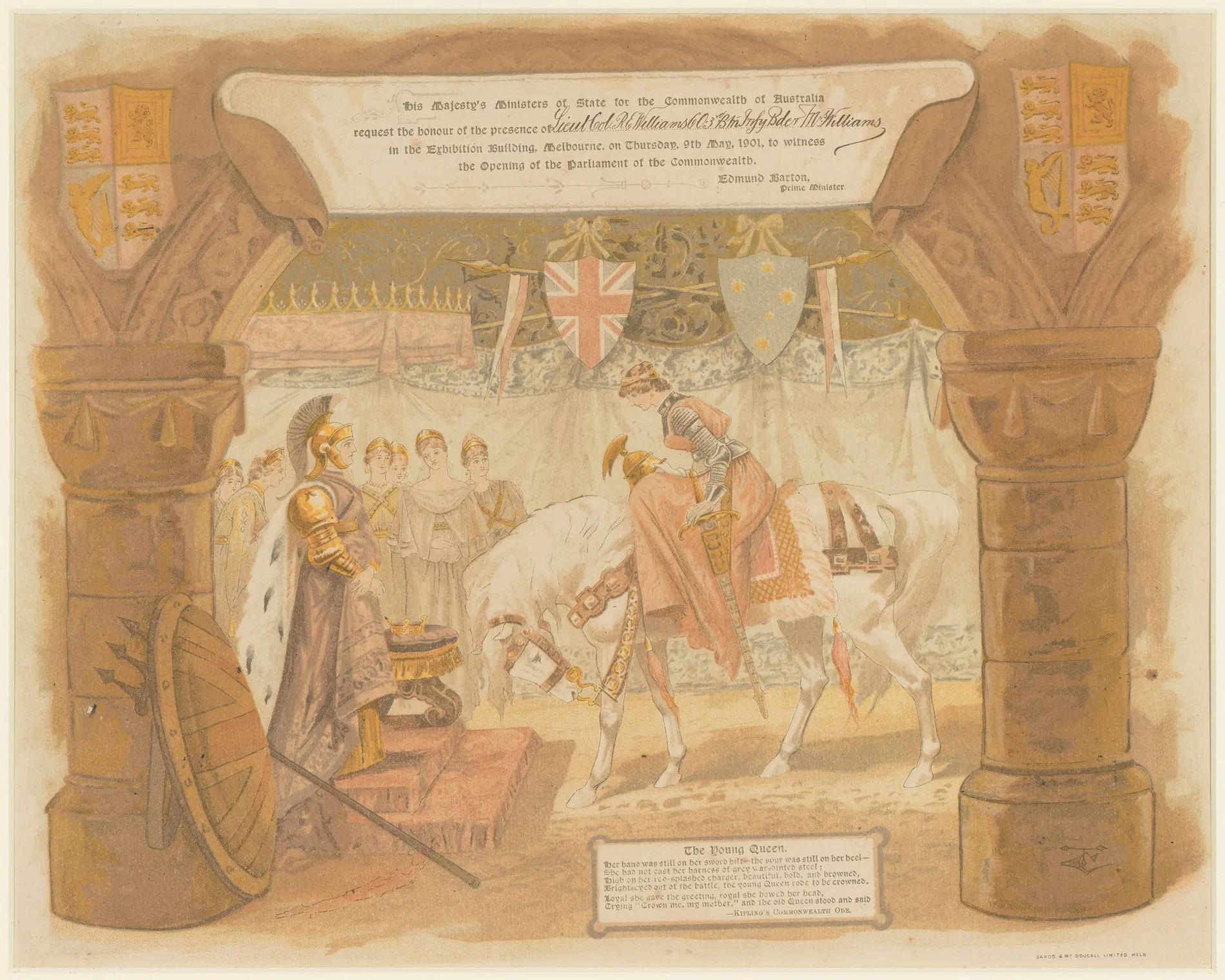 Invitation to the opening of parliament in 1901 featuring an illustration of young queen on a horse bowing to an older queen.