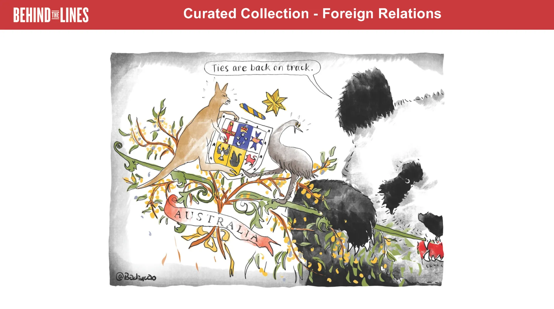 The first page of the Foreign Relations Activity sheet, it features an illustration eating a stalk of bamboo with the Australian Coat of Arms on it.