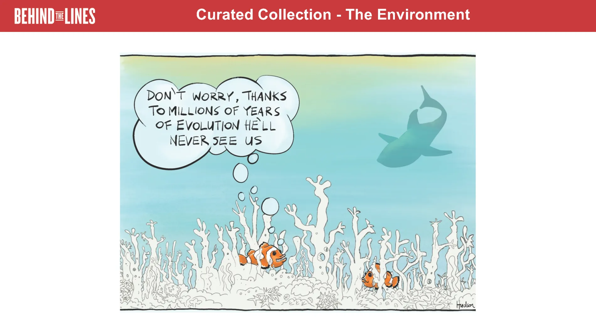 the first page of the Environment activity sheet, it features an illustration of clownfish hiding among bleached coral with a shark swimming towards them