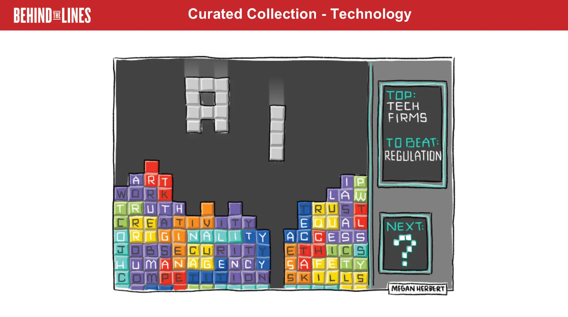 The first page of the Technology activity sheet, it features an illustration of a game of tetris with some pieces falling in the shape of the letters "A" and "I" going to break some rows featuring words like "ethics" "originality," and "safety"