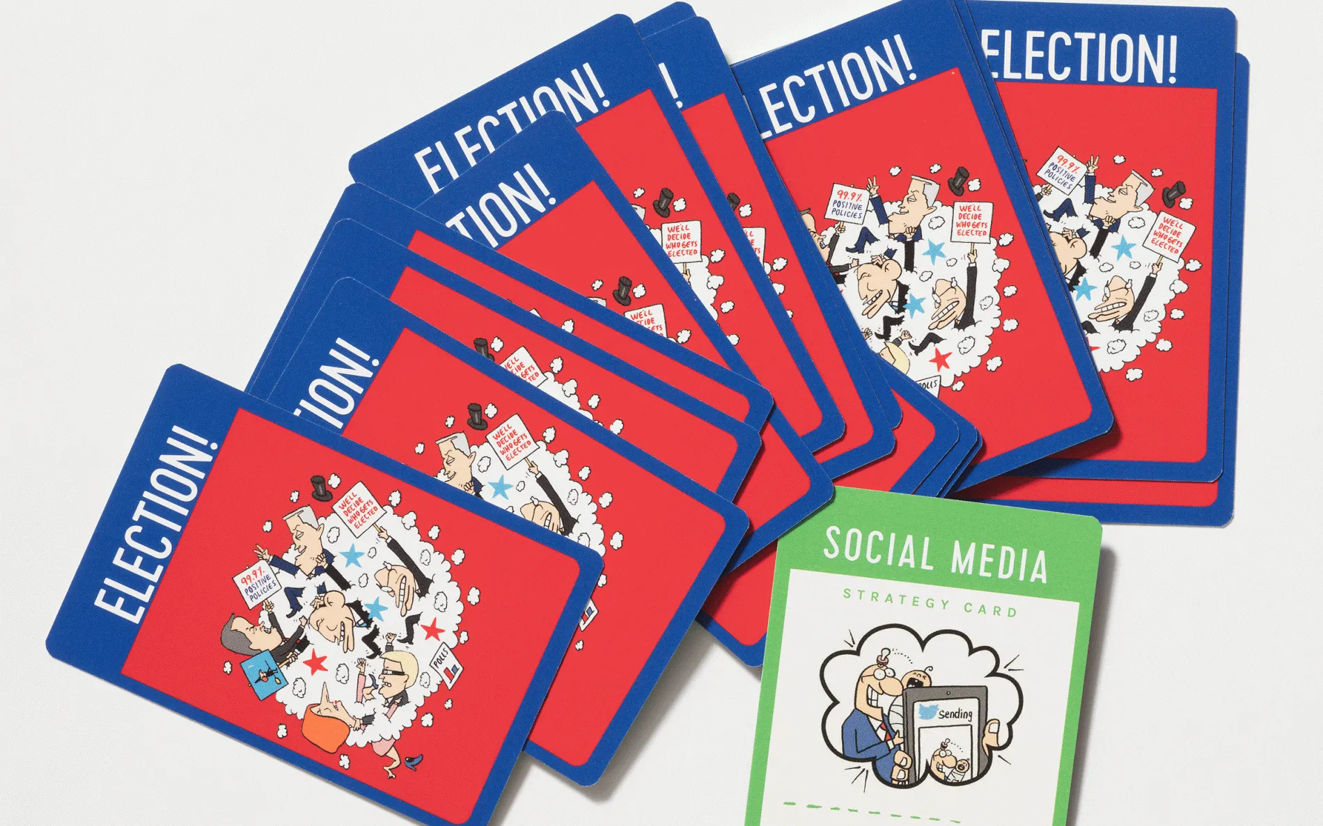 A deck of cards fanned out in a pile. Some cards are red with a blue border and the word Election! written at the top.  There is a cartoon caricature of politicians in the centre of each cartoon. There is one card with a green border with the words 'Play this card when a social media event in your favour is drawn. Margin points plus 4'.