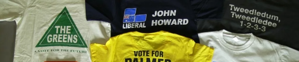 A group of political t-shirts from the Museum of Australian Democracy collection.