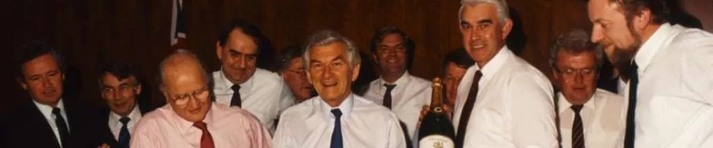 Prime Minister Bob Hawke cuts the cake at the last meeting of the Cabinet in Old Parliament House.