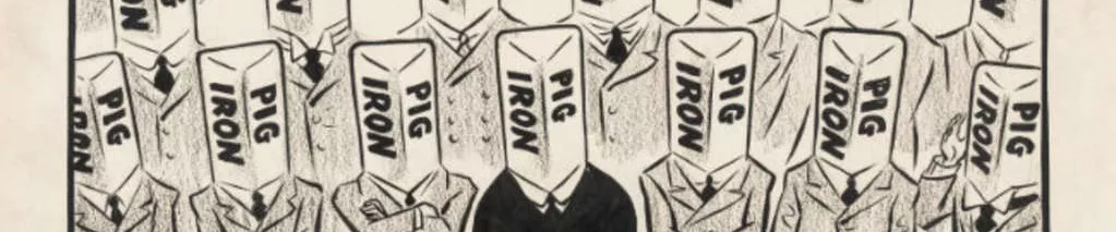 A cartoon depicting the entire Lyons Cabinet with heads made from pig iron