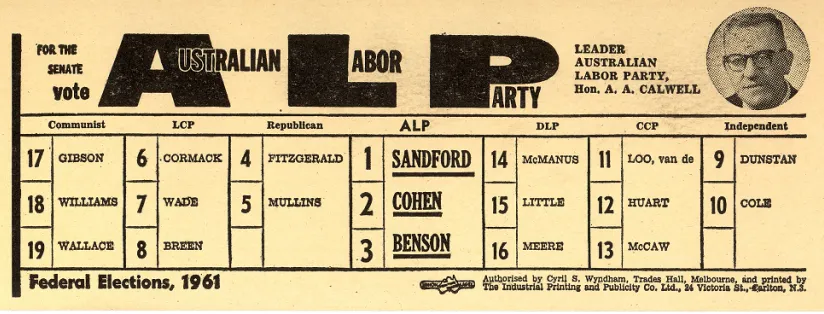 ALP How to vote card for the Batman Federal Electorate and for the Senate, with a headshot portrait of A. A. Calwell.