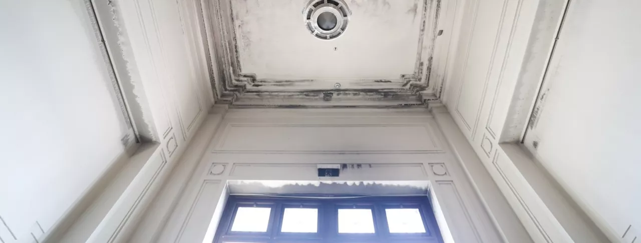 Photograph of a fire damaged ceiling in Old Parliament House