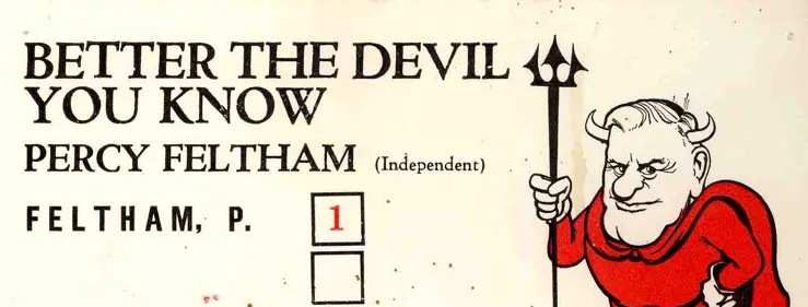 'How to vote' card for the Victorian Legislative Council, with a caricature of Percy Feltham with horns wearing a red suit and cape and holding a trident.