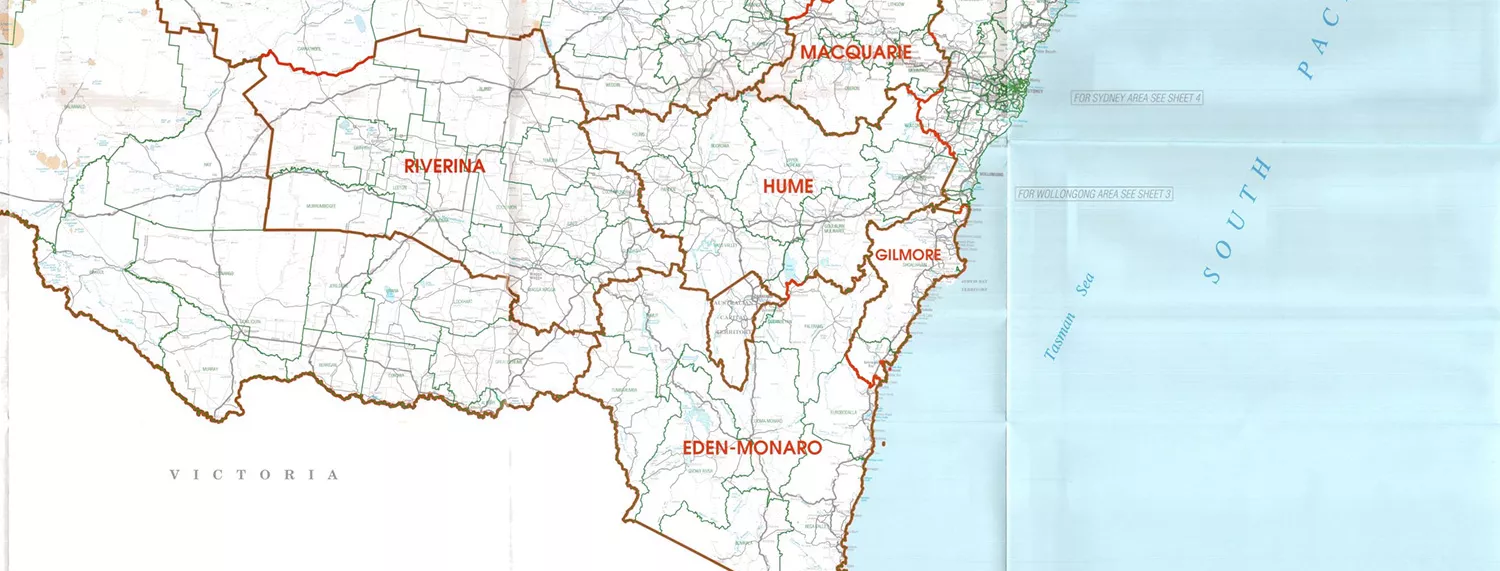 Map section of New South Wales showing the borders of its federal seats.