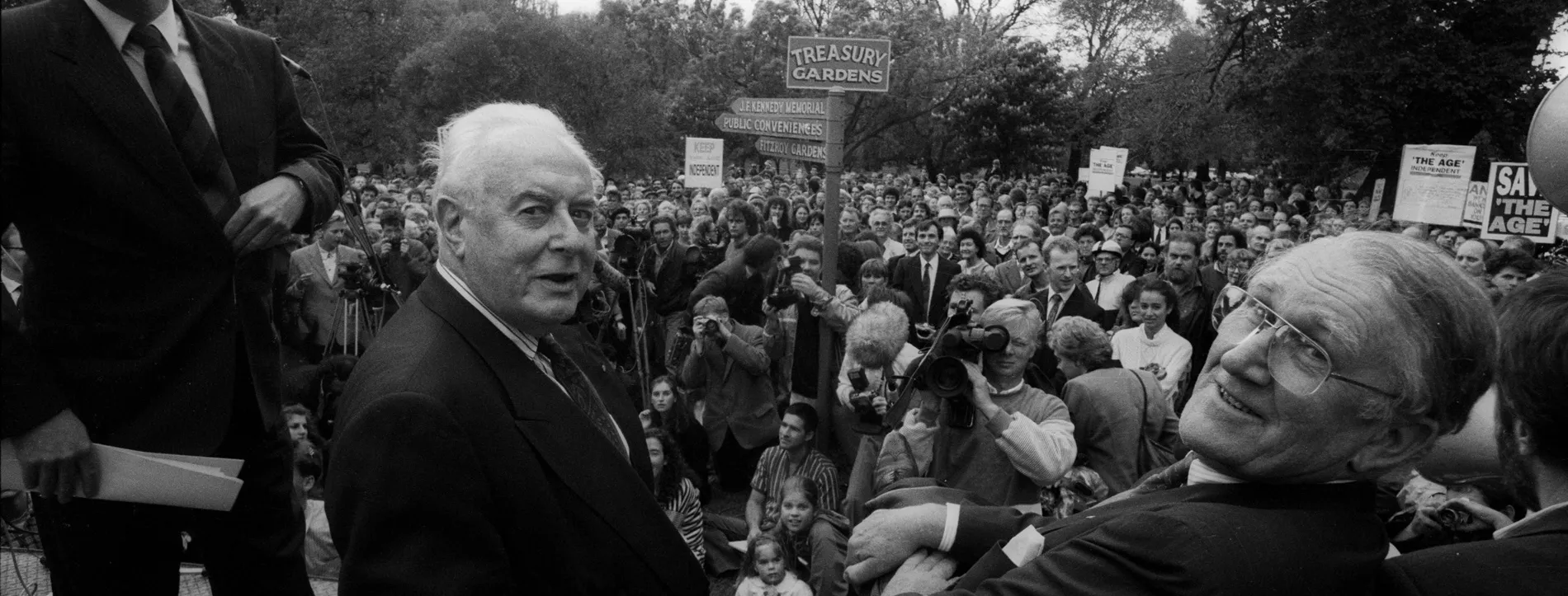 Whitlam and Fraser photographed at a rally in support of the free media.