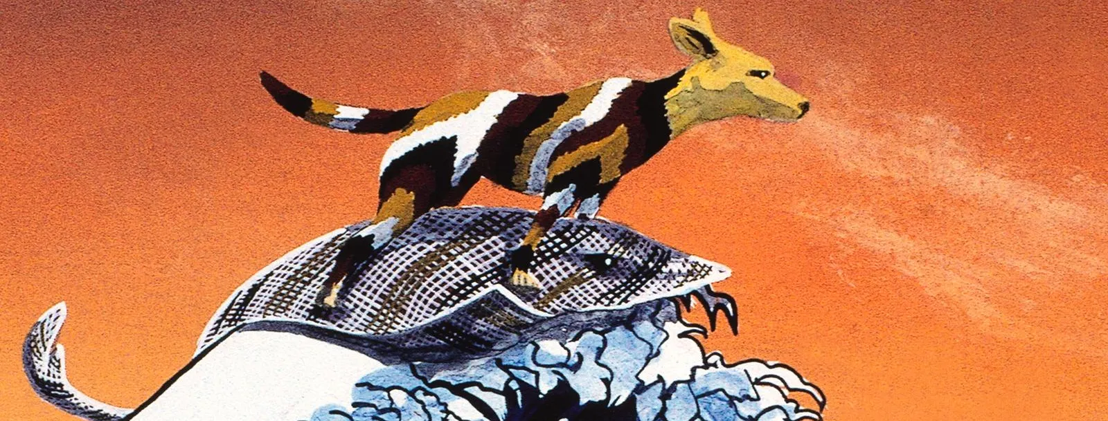 A painting of a dingo, coloured with red, white and black stripes, riding a stingray on top of a wave.