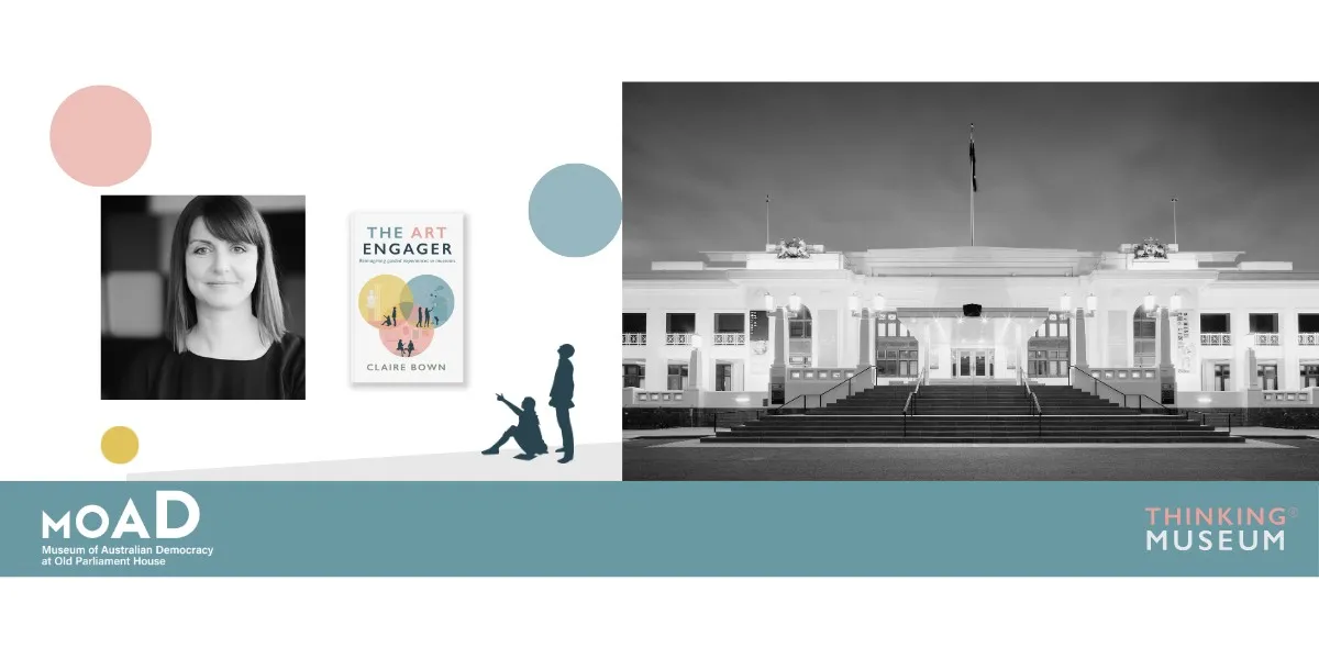 On the left is a photo of a woman next to a book titled 'The Art Engager'. On the right is a black and white photo of Old Parliament House.