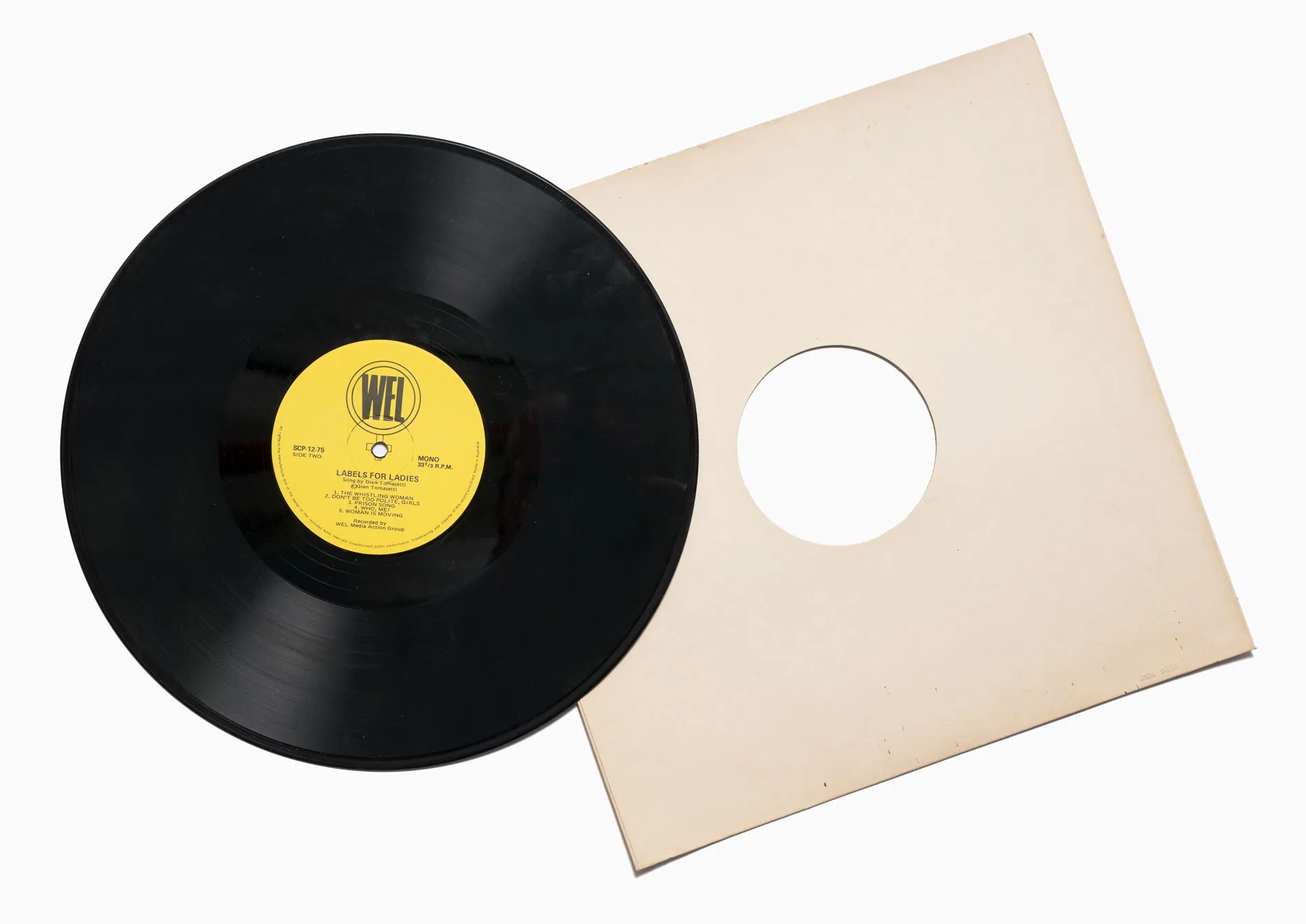 A black vinyl record with a yellow label. Text on the label reads 'WEL: labels for ladies'.