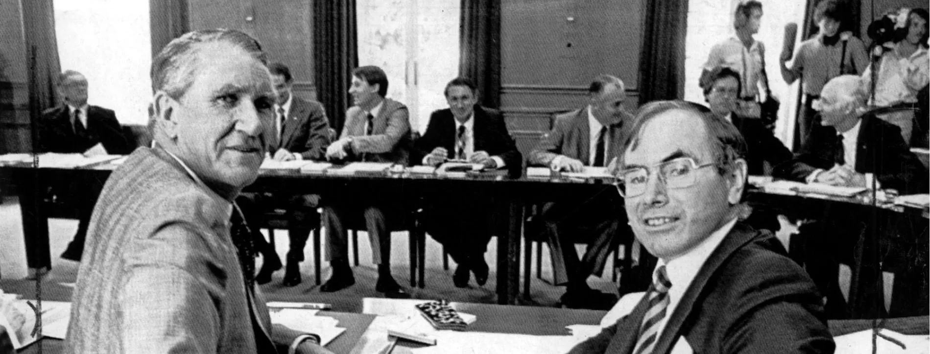 Prime Minister Malcolm Fraser with Treasurer (and future prime minister) John Howard at a Liberal Party Conference.