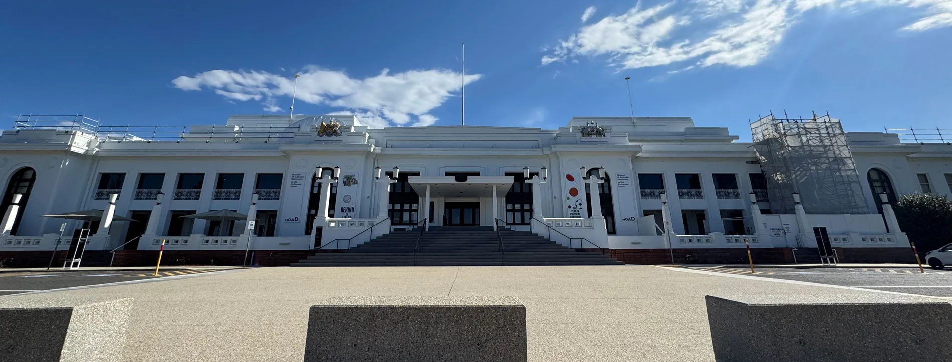 The front of Old Parliament House in Canberra with scaffolding on the right of the buildling. The front of Old Parliament House in Canberra with scaffolding on the right of the buildling.