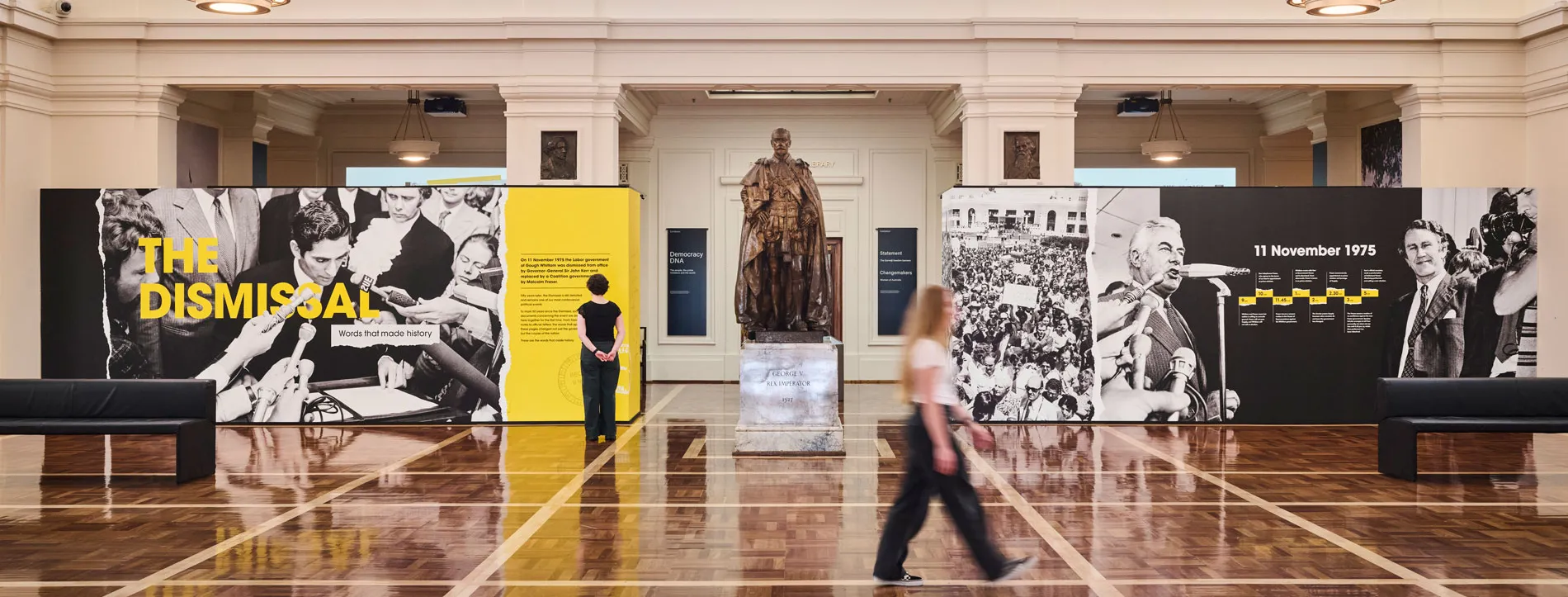 A wide shot of an exhibition about the 1975 dismissal in King's Hall in Old Parliament House. A wide shot of an exhibition about the 1975 dismissal in King's Hall in Old Parliament House.
