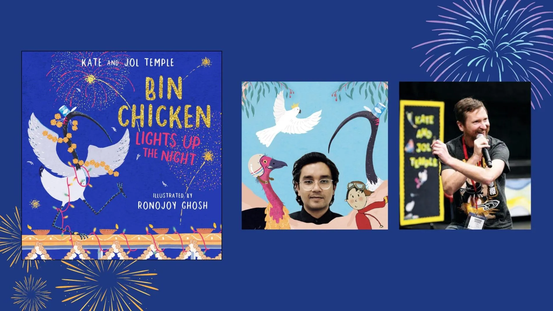 The cover of Bin Chicken Lights Up The Night picture book along with photos of the authors, Jol Temple and Ronojoy Ghosh.