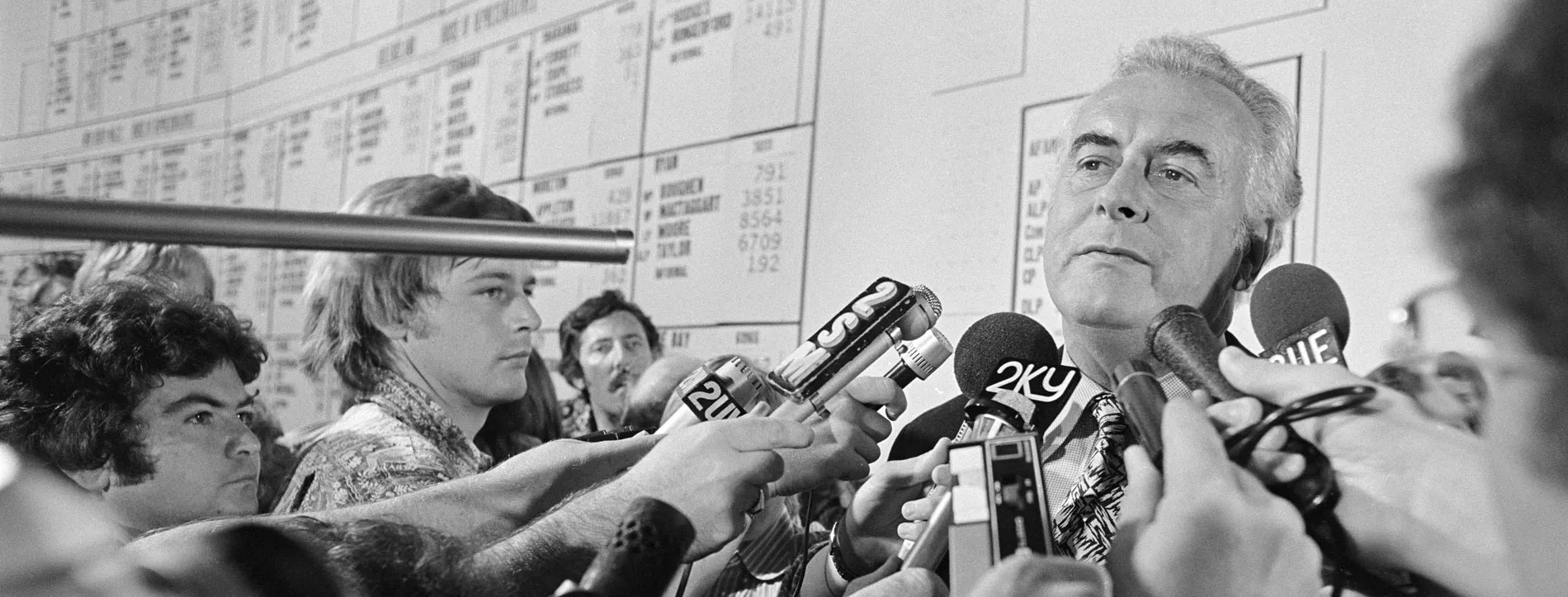Gough Whitlam with microphones in his face stands in front of the 1975 election results tally board in the National Tally Room.