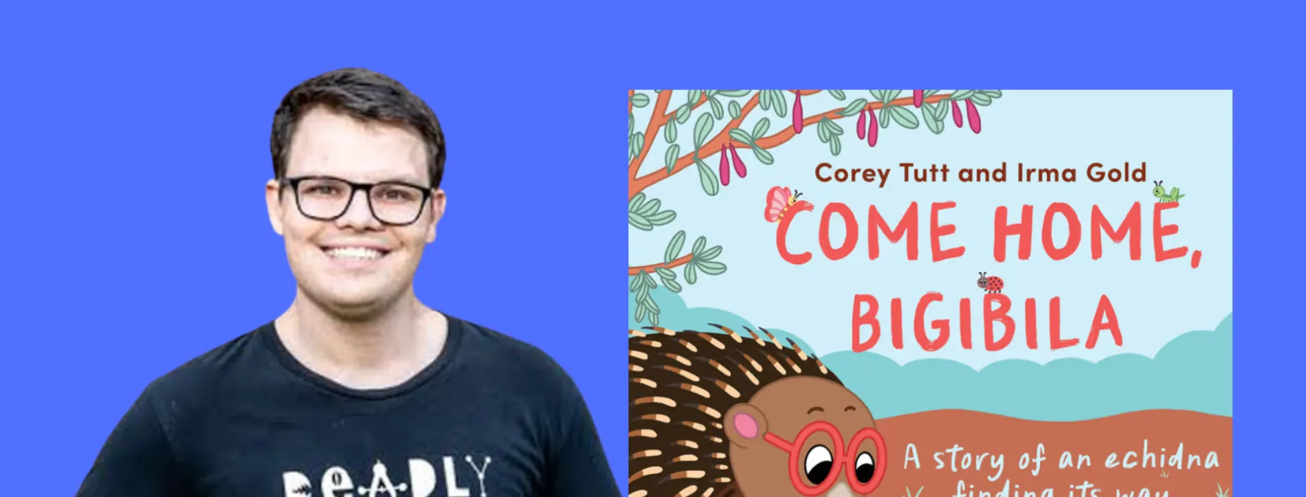 Corey Tutt standing near a render of his book 'Come Home, Bigibilia'