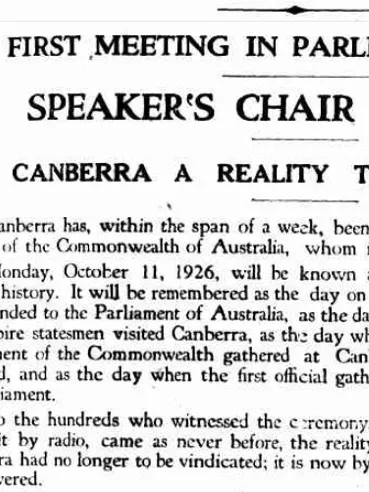 Newspaper cutting describing the first meeting in Parliament House and presentation of the Speaker's Chair.