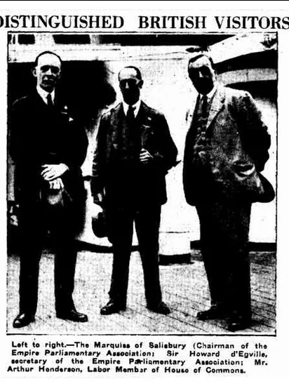 This photograph of the distinguished guests appears to have been taken inside the still unfinished Parliament House. This photograph of the distinguished guests appears to have been taken inside the still unfinished Parliament House.