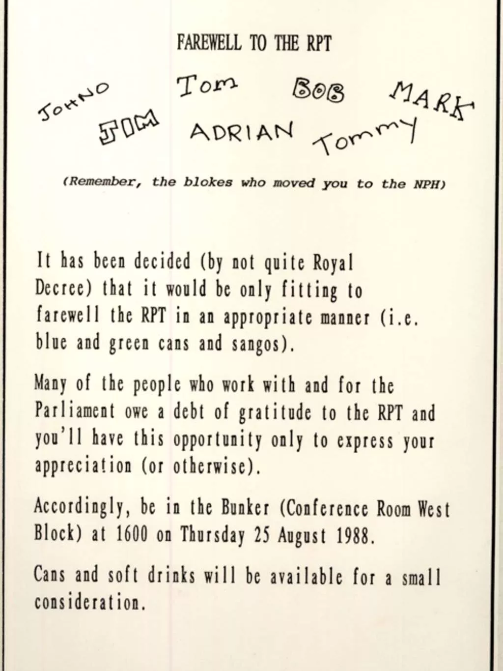Invitation to the farewell for the Removals Planning Team. Invitation to the farewell for the Removals Planning Team.