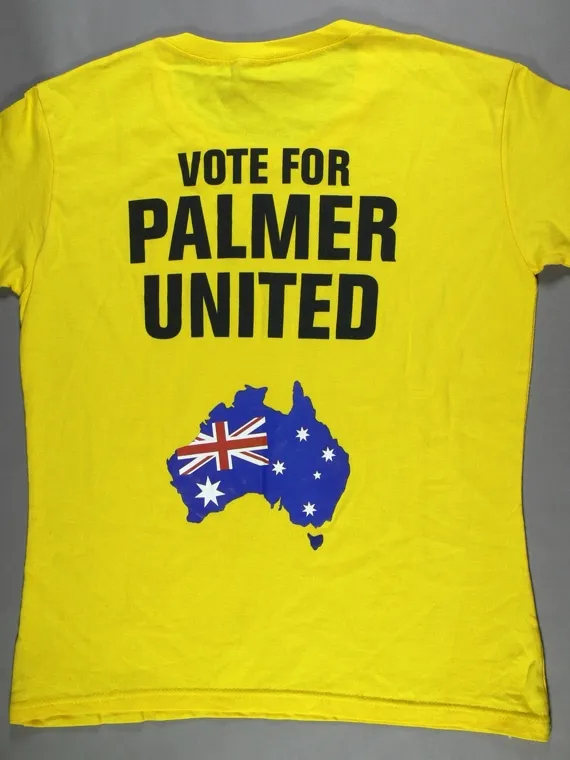 A yellow t-shirt with the words 'Vote for Palmer United' and a silhouette of Australia coloured with the Australian flag.