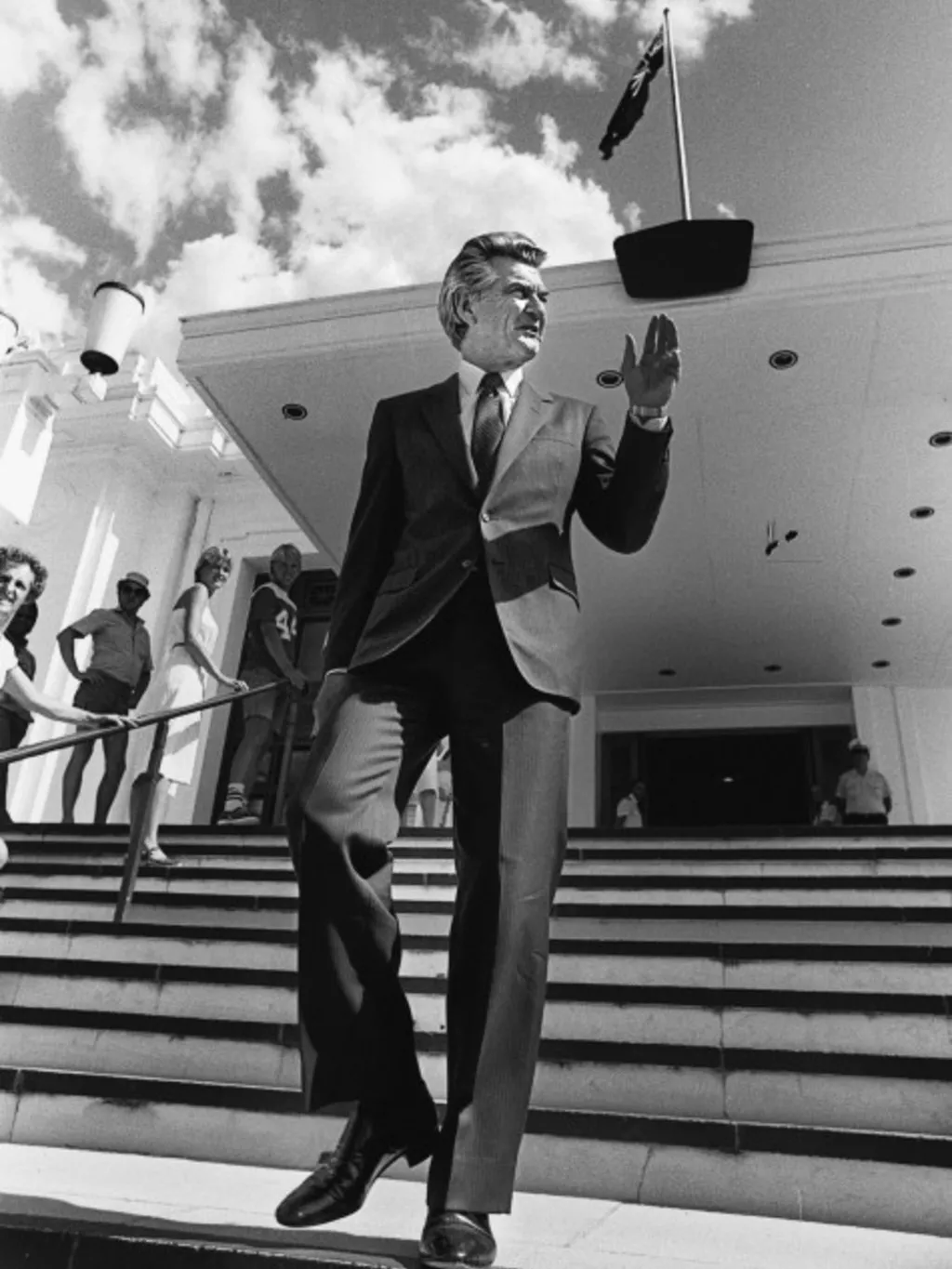 A buoyant Prime Minister-elect Bob Hawke acknowledges well-wishers on the steps of Parliament House A buoyant Prime Minister-elect Bob Hawke acknowledges well-wishers on the steps of Parliament House