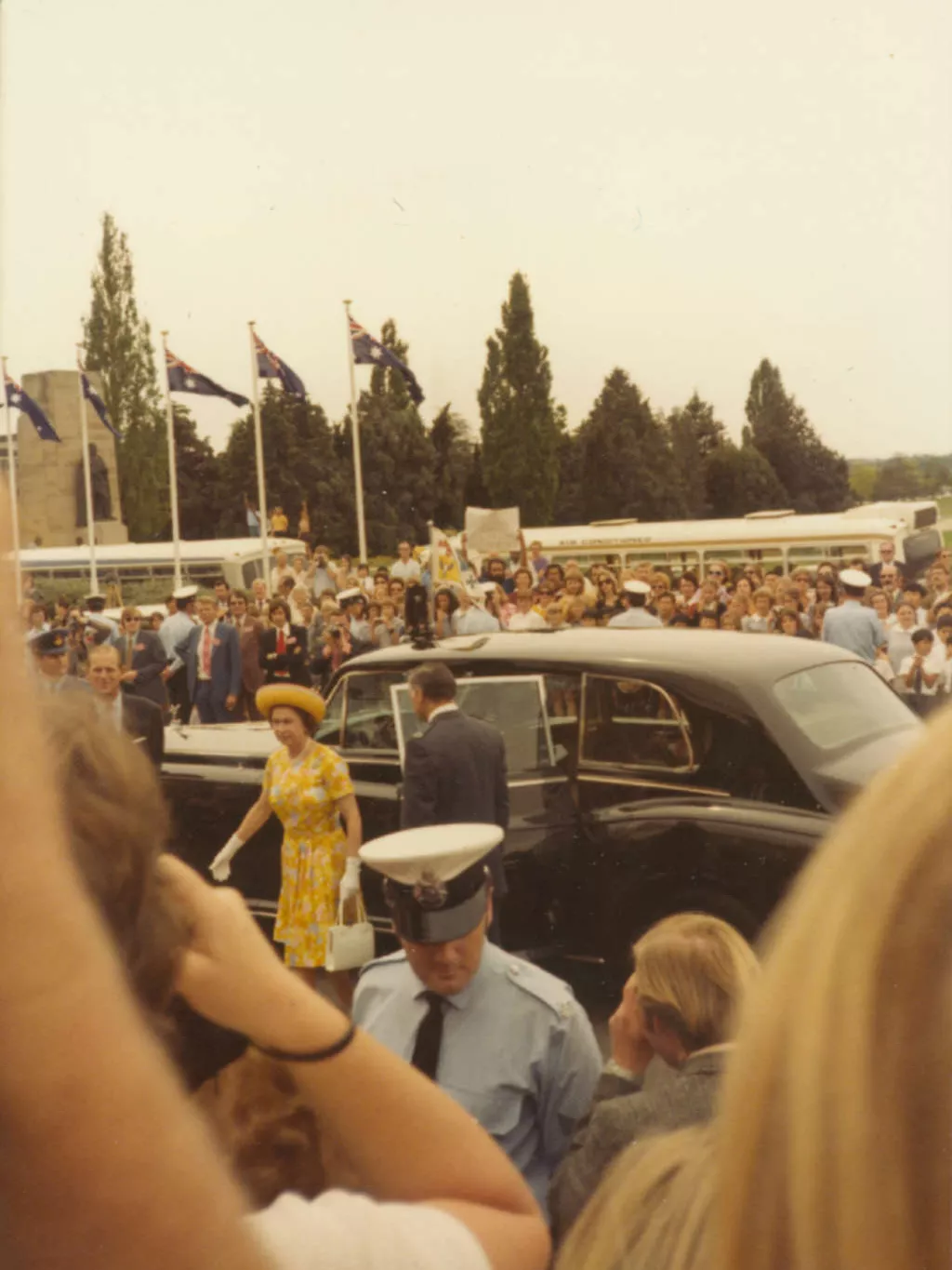 Members of the public and protesters witness the arrival of the Queen in October 1973 for luncheon and a speech Members of the public and protesters witness the arrival of the Queen in October 1973 for luncheon and a speech