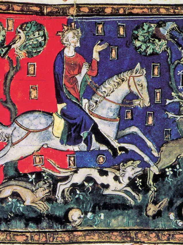 Medieval illustration showing King John riding a white horse and surrounded by animals.