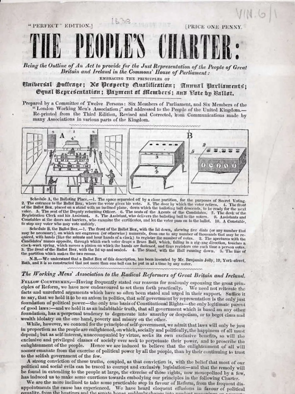 A sheet of printed text with the heading 'The People's Charter' and diagrams proposing a system of voting.