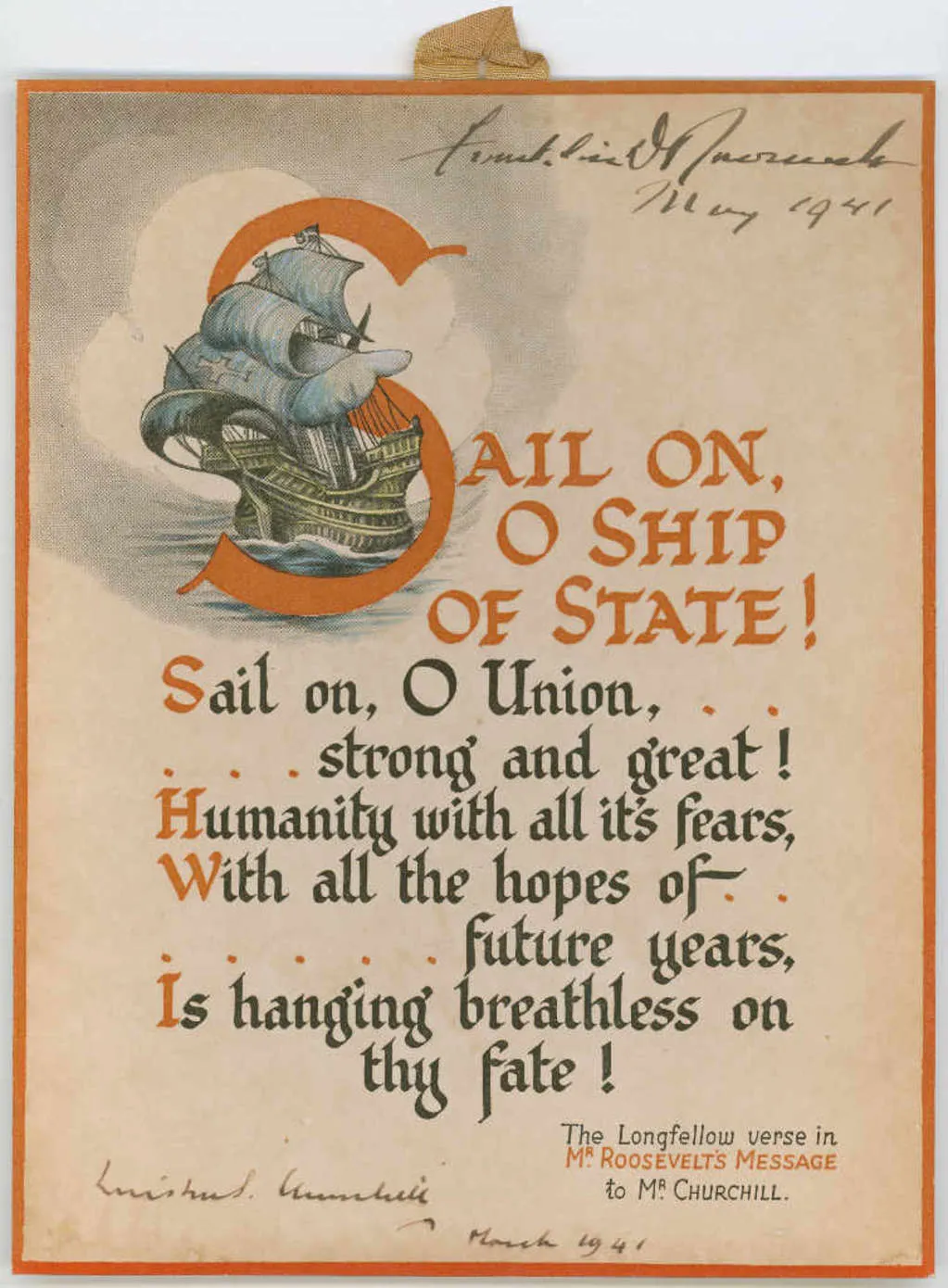 A verse of poetry, decorated with a sailing ship and signed by Franklin D Roosevelt and Winston Churchill.