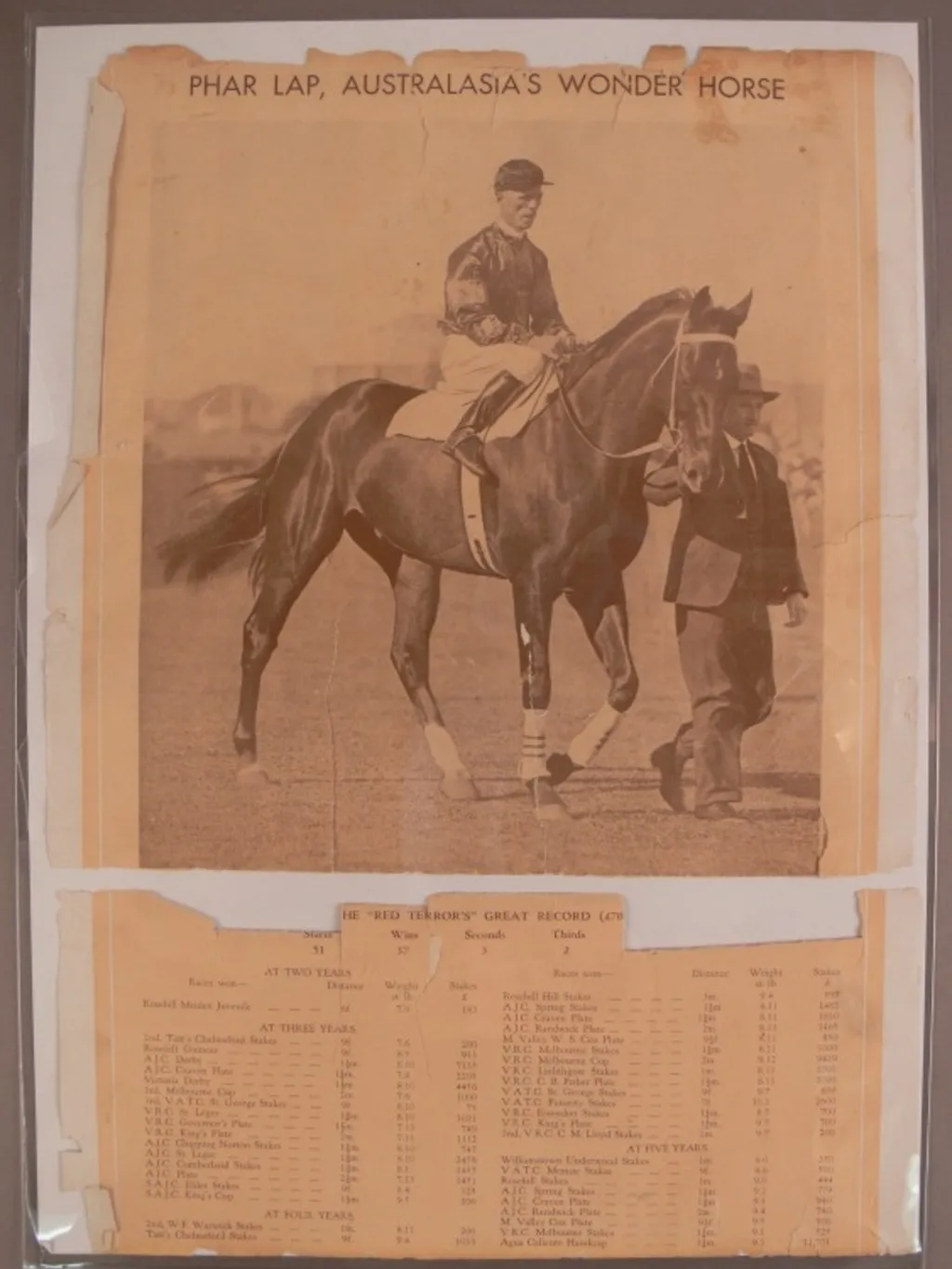 Poster entitled 'Phar Lap, Australasia's Wonder Horse', showing a man riding a horse, and below are listed various horseracing statistics.