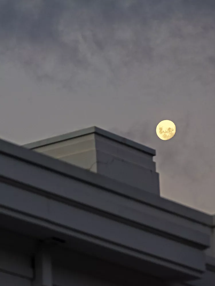A section of the Old Parliament House building, with the moon in the night sky in the background.