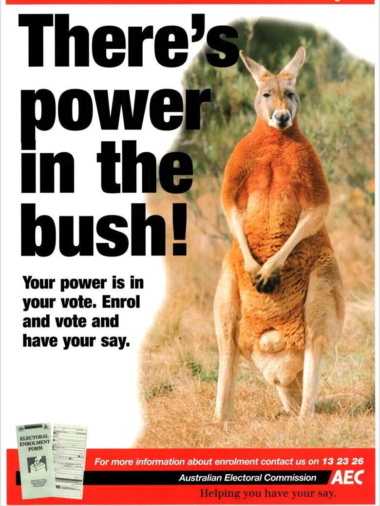 Historical remote area enrol to vote poster calling on the 'power in the bush'.
Courtesy of the Australian Electoral Commission A remote area voting enrolment poster with a kangaroo on it. Text reads 'There's power in the bush! Your power is in your vote. Enrol and vote and have your say.'