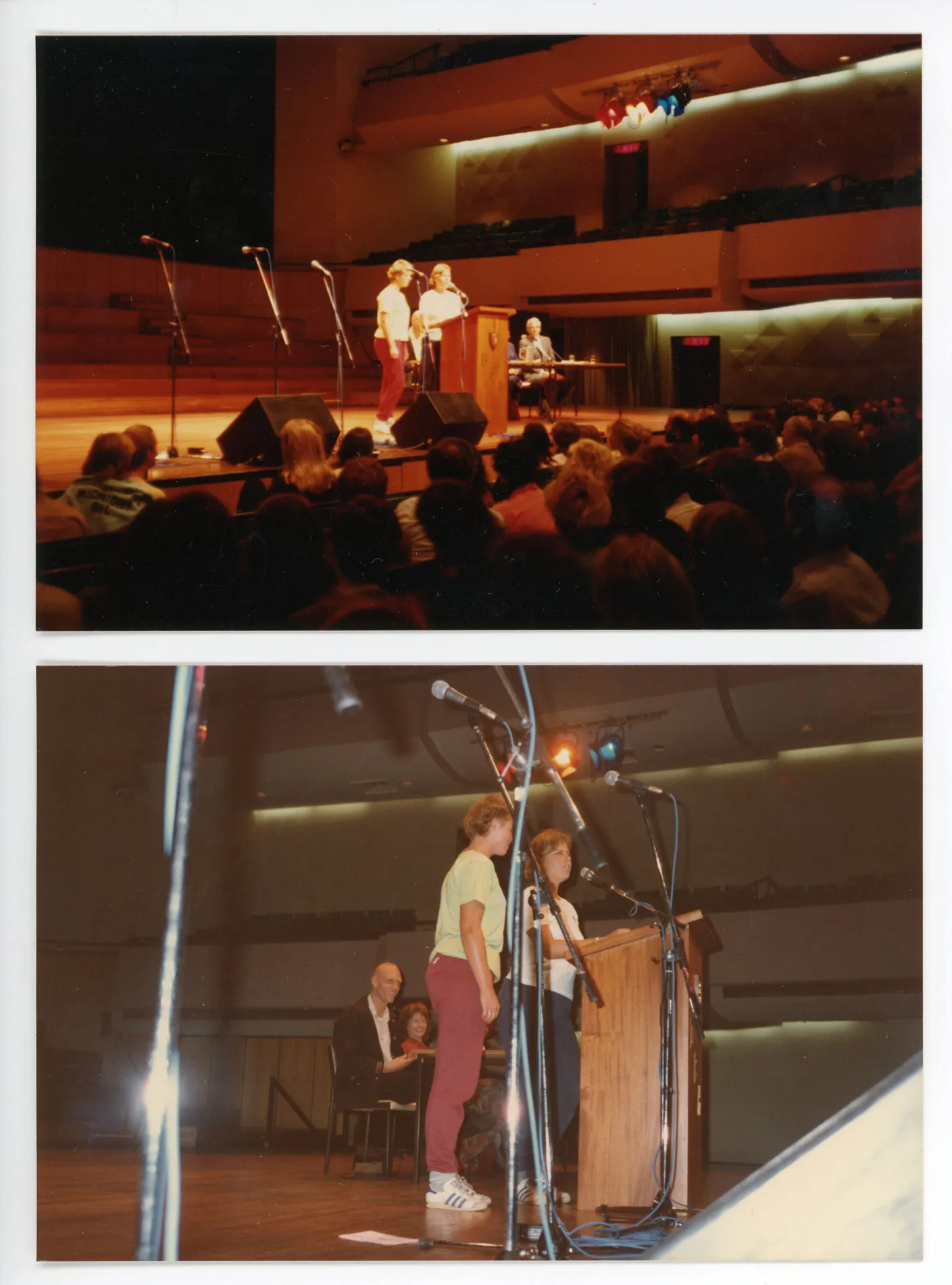 Two photos of two women standing on a stage at a lectern. Two photos of two women standing on a stage at a lectern.