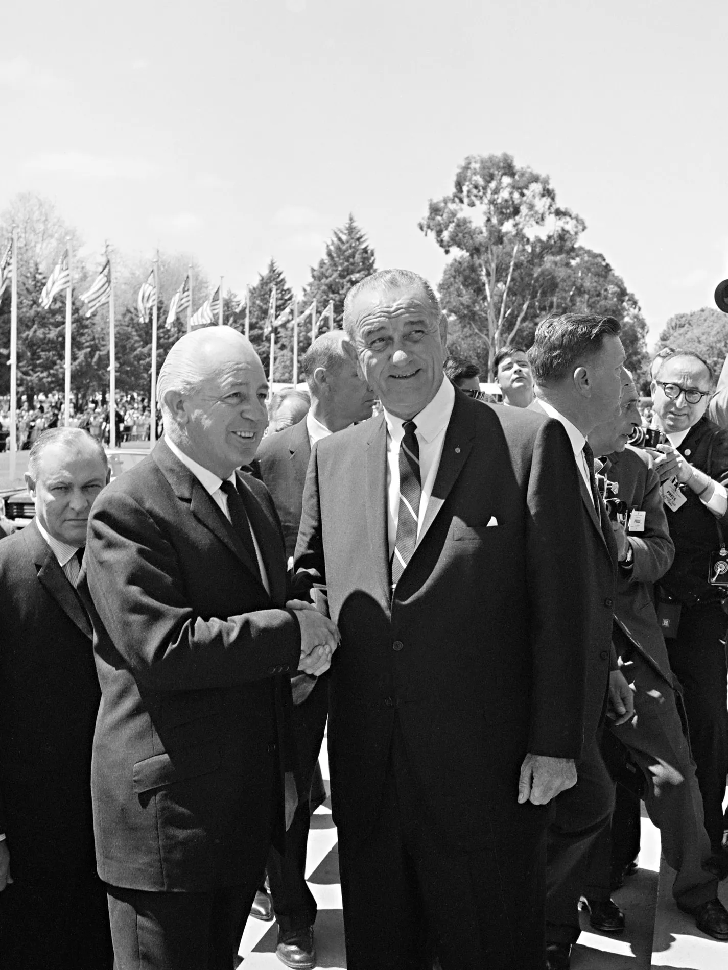 Prime Minister Harold Holt on the steps of Parliament House with US President Lyndon B Johnson during an official visit, 1966. Photograph Australian News and Information Bureau, photographer W Pederson, NAA: A1200, L57447 Prime Minister Harold Holt and US President Lyndon B Johnson on the steps of Parliament House.