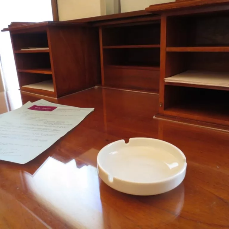 A round white ceramic ashtray sitting on a wooden desk.