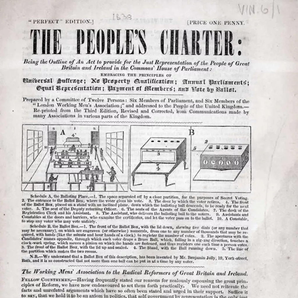 A sheet of printed text with the heading 'The People's Charter' and diagrams proposing a system of voting.