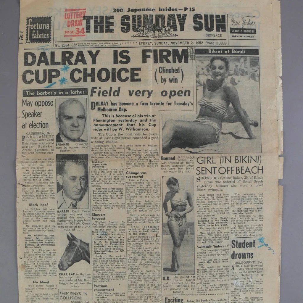 Front cover of the Sunday Sun with various stories, including one entitled 'The barber's in a lather: may oppose Speaker at election.' illustrated with headshot photos of Archie Cameron, Cecil Bainbrigge and Phar Lap.