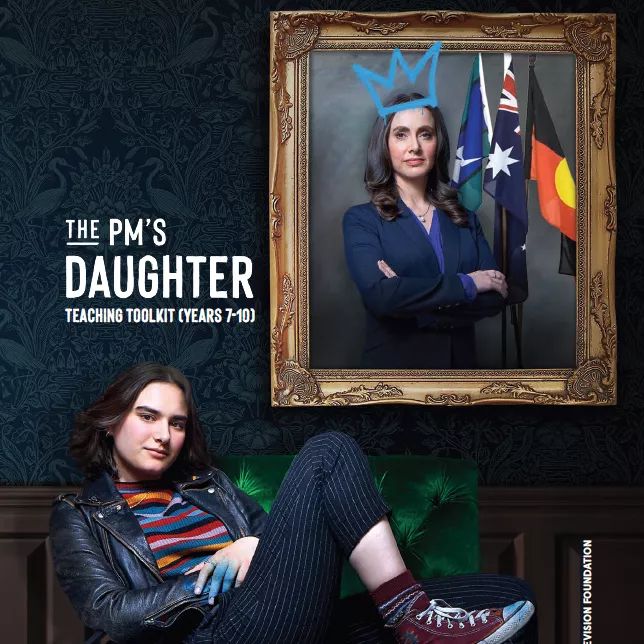 A photo of a girl in a lounge chair wearing jeans and sneakers and a photo on the wall in a frame of a woman in a suit with a spray-painted crown. A photo of a girl in a lounge chair wearing jeans and sneakers and a photo on the wall in a frame of a woman in a suit with a spray-painted crown.