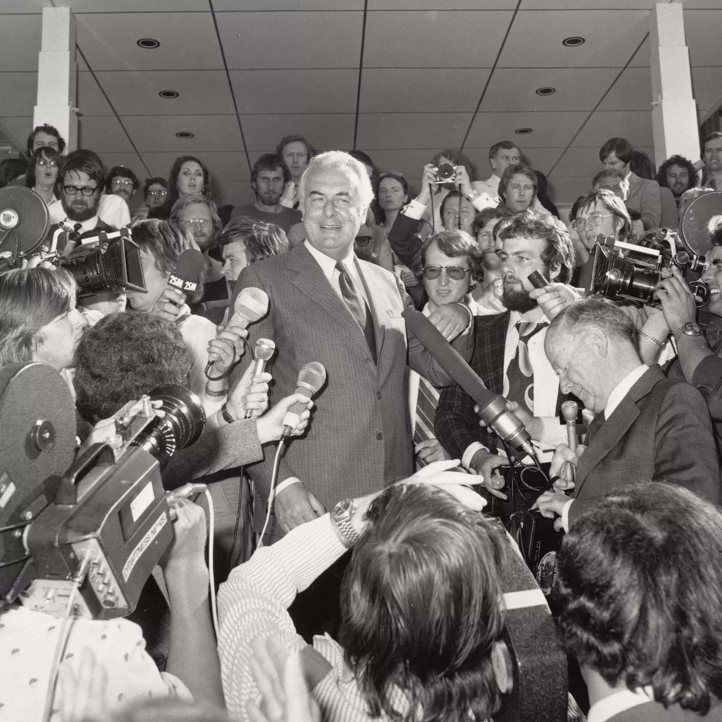 Photograph of Gough Whitlam on the front steps during his dismissal on the 11th of November 1975