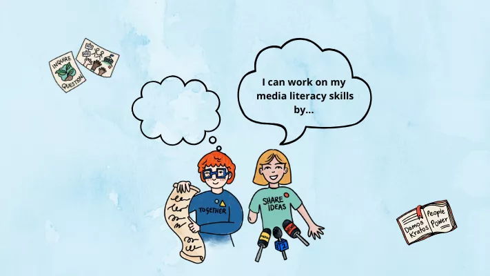 Two people, one with short red hair and glasses holding a paper list, and one with shoulder length blonde hair and a blue tshirt, who says 'I can work on my media literacy skills by...'