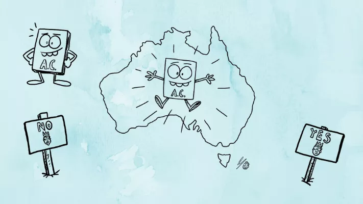 A map of Australia framing a book with eyes, mouth, limbs and the letters 'A.C.'