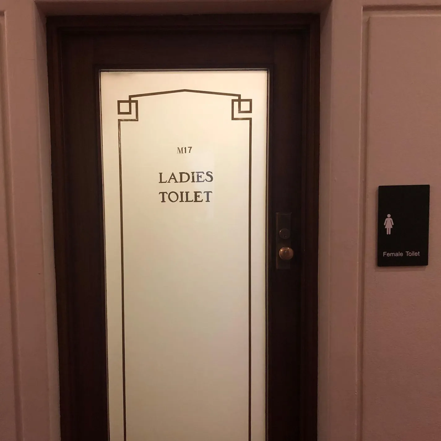 A wooden door with an ornate frosted glass panel with the words M17 Ladies Toilet.