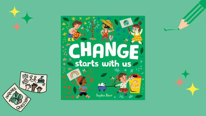 Green picture book cover, showing people participating in activities to help the environment.