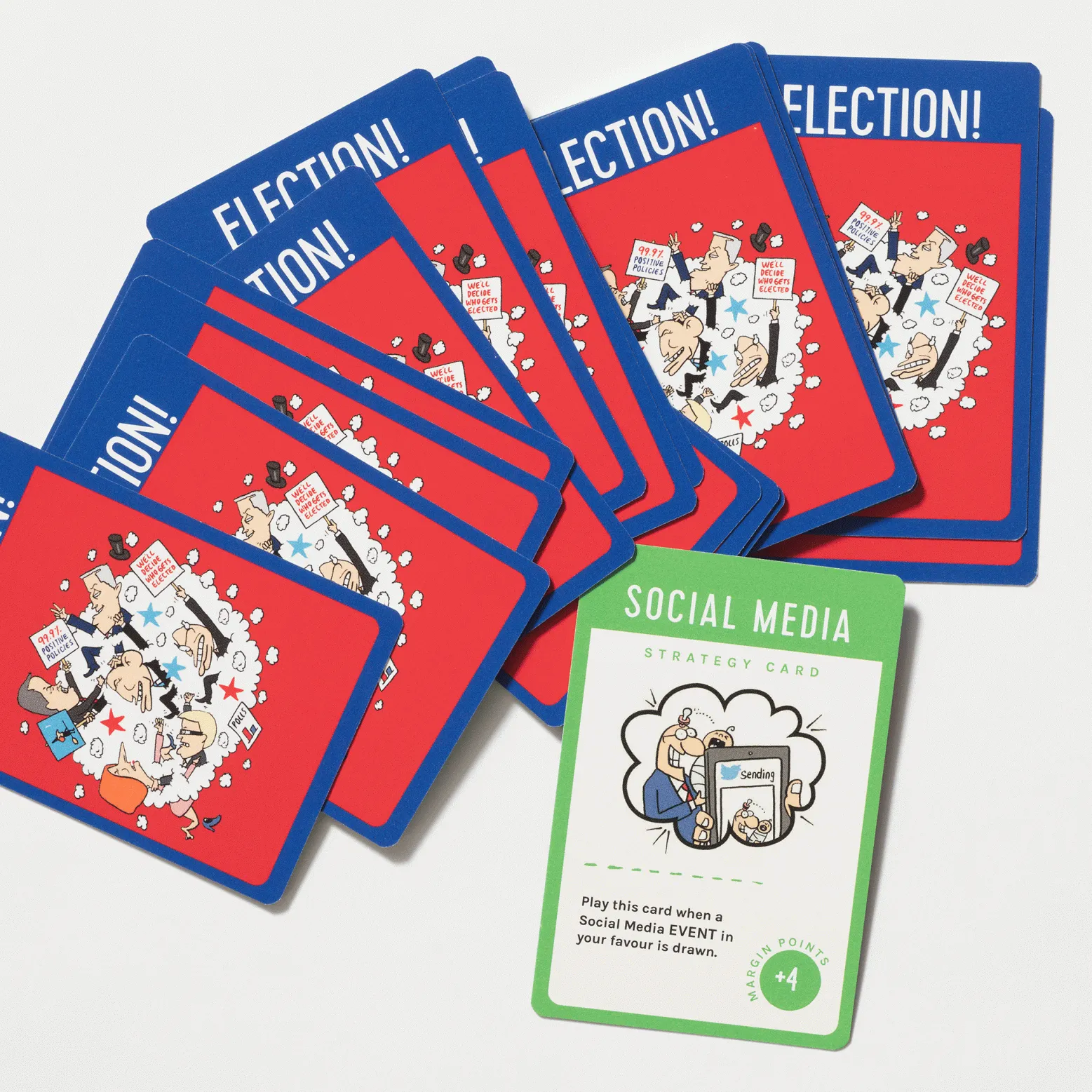 A deck of cards fanned out in a pile. Some cards are red with a blue border and the word Election! written at the top.  There is a cartoon caricature of politicians in the centre of each cartoon. There is one card with a green border with the words 'Play this card when a social media event in your favour is drawn. Margin points plus 4'.