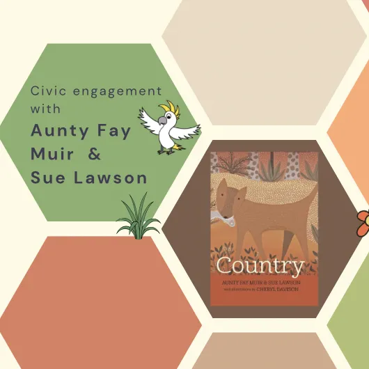 Coloured hexagons featuring the book cover of Country by Aunty Fay Muir and Sue Lawson.