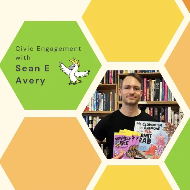 Multicolour tiles with a photo of a man in the centre tile. He holds Friendly Bee picture books up. Text on one tile reads, 'Civic engagement with Sean E Avery'.