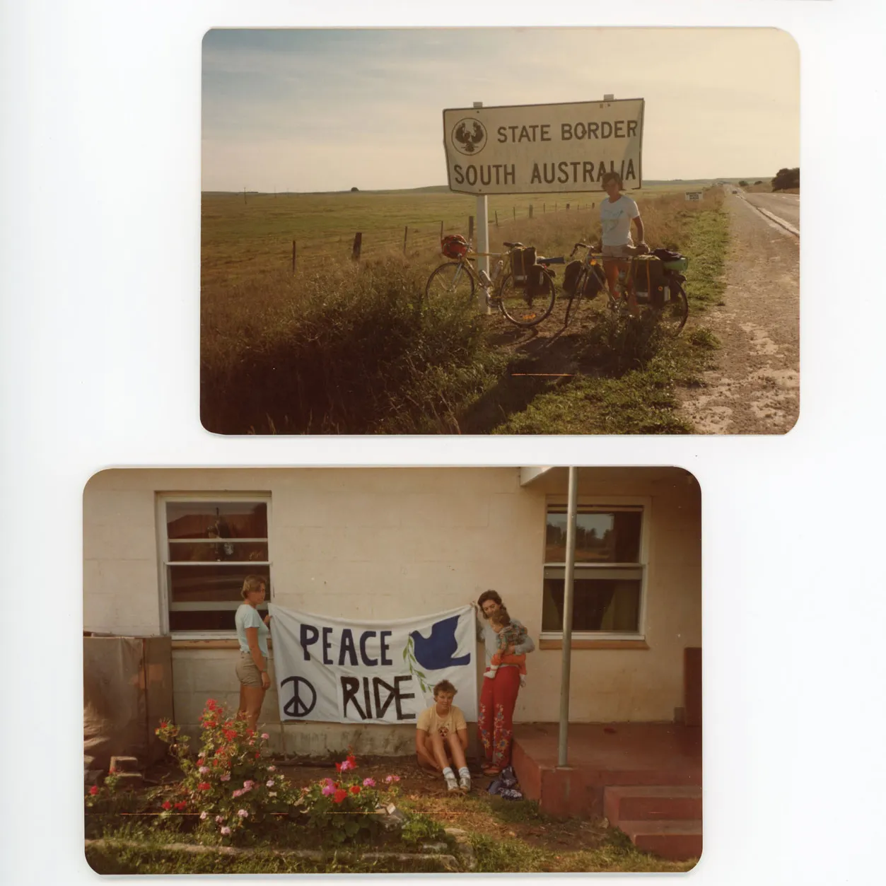 Three photos. First photo a group in a kitchen. Second photo a woman at the SA border with her bike. Third photo two women hold a 'Peace Ride' banner against a wall. Three photos. First photo a group in a kitchen. Second photo a woman at the SA border with her bike. Third photo two women hold a 'Peace Ride' banner against a wall.