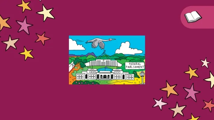 An illustration of Old Parliament House and Australian Parliament House on a dark pink background. An illustration of Old Parliament House and Australian Parliament House on a dark pink background.